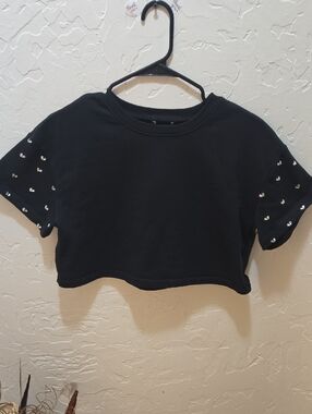 Black Cropped Short Sleeve Top with Heart Stud Sleeves